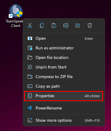 TeamSpeak Shortcut Properties